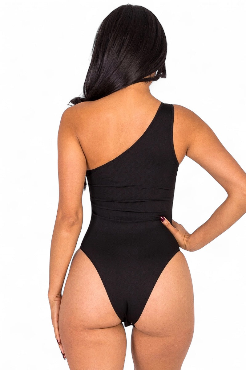 Ribbed Knit Cut Out One Shoulder Bodysuit {BT3932}