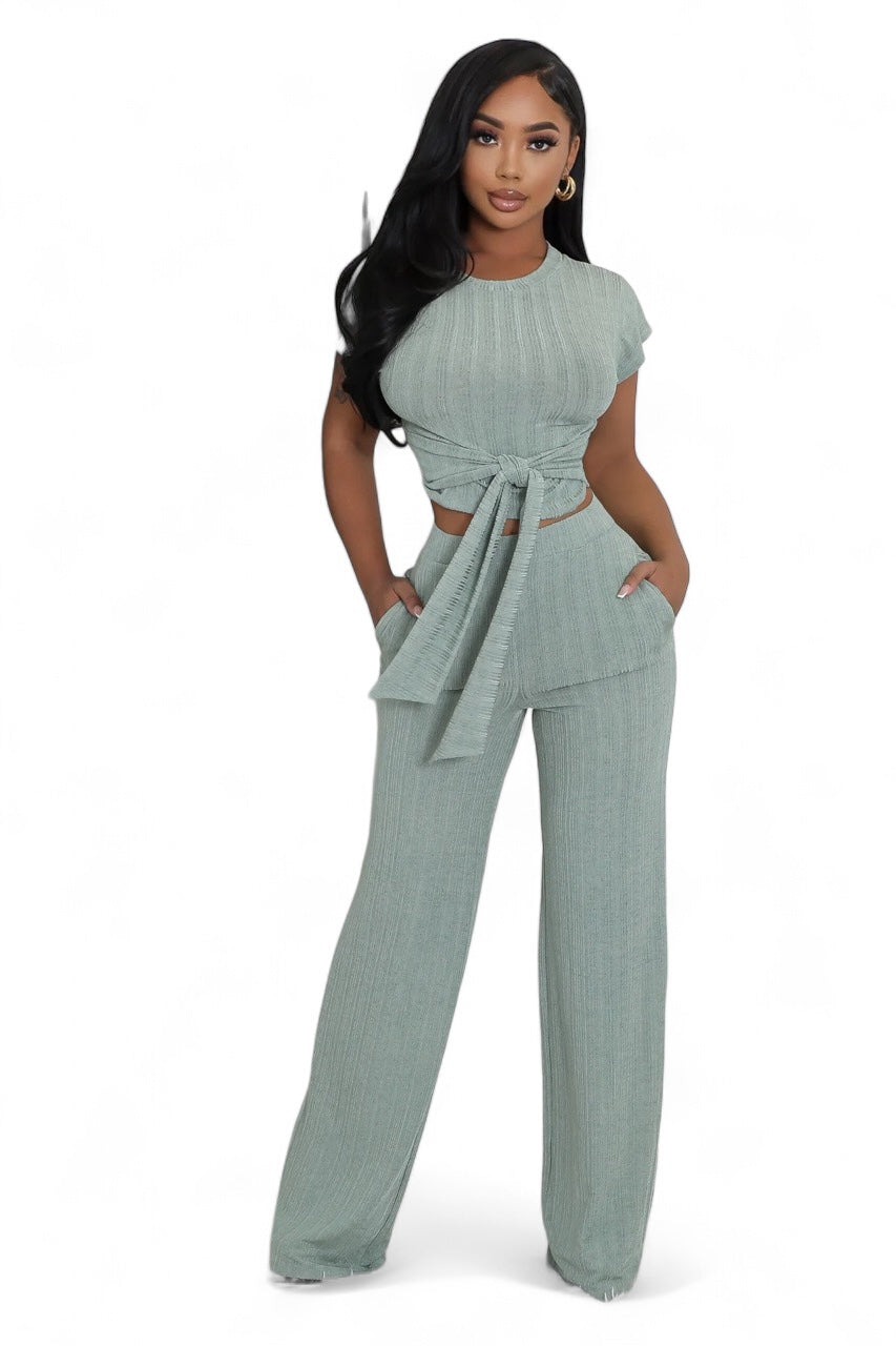 Cropped Belted Top Wide Leg Bottom 2 Piece Set {Tall Girl Friendly}