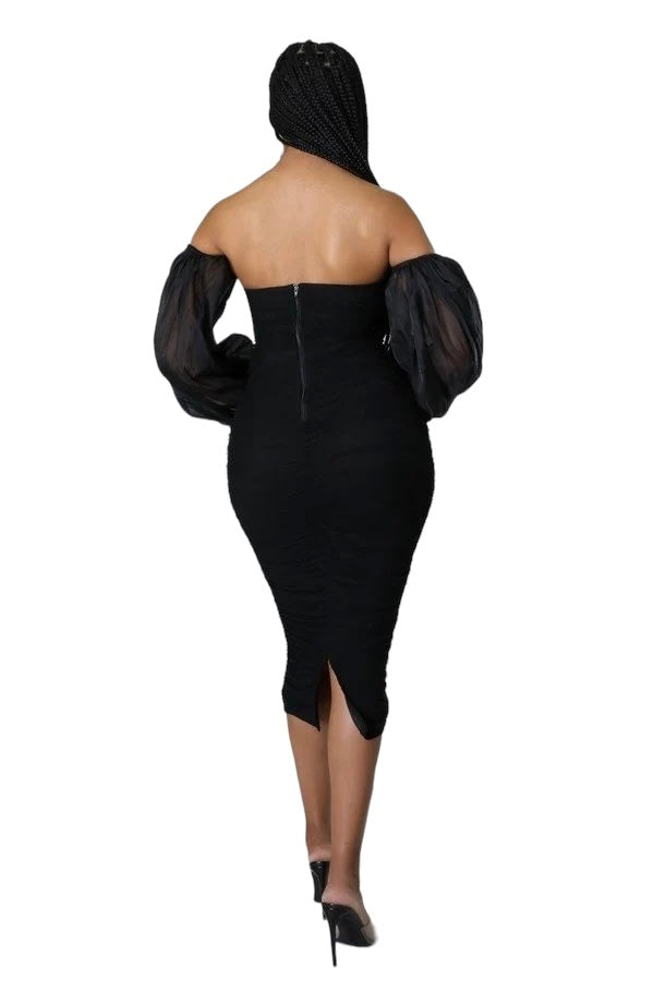 Sweetheart Ruched Midi Dress with Mesh See Thru Sleeves