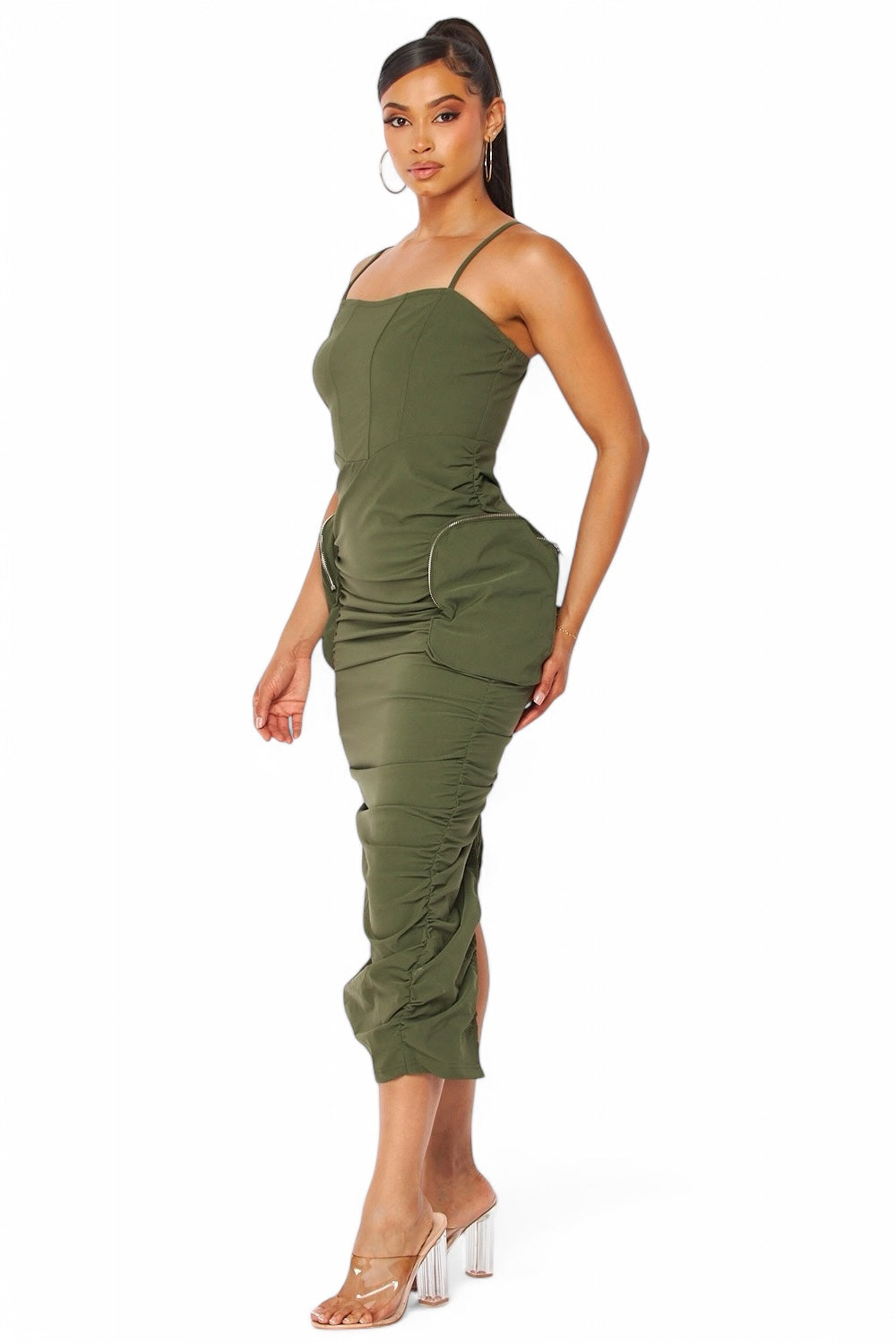 Erin Cargo Pocket Ruched Nylon Tank Dress