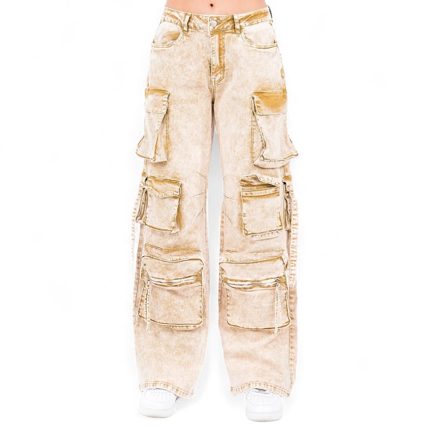 Multiple Pocket Acid Wash Denim Pants- RJH30665