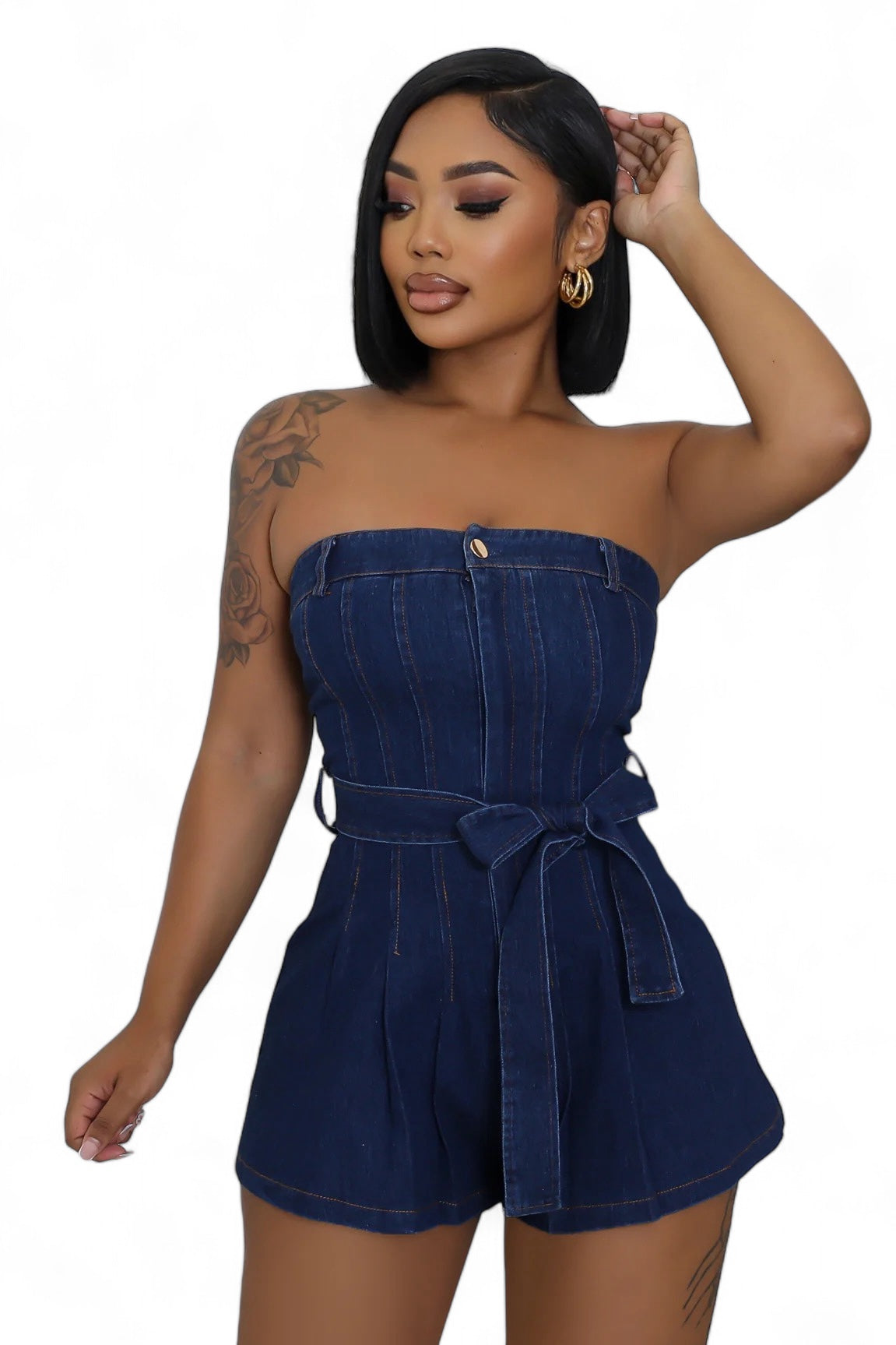 Dark Denim Strapless Romper with Belt