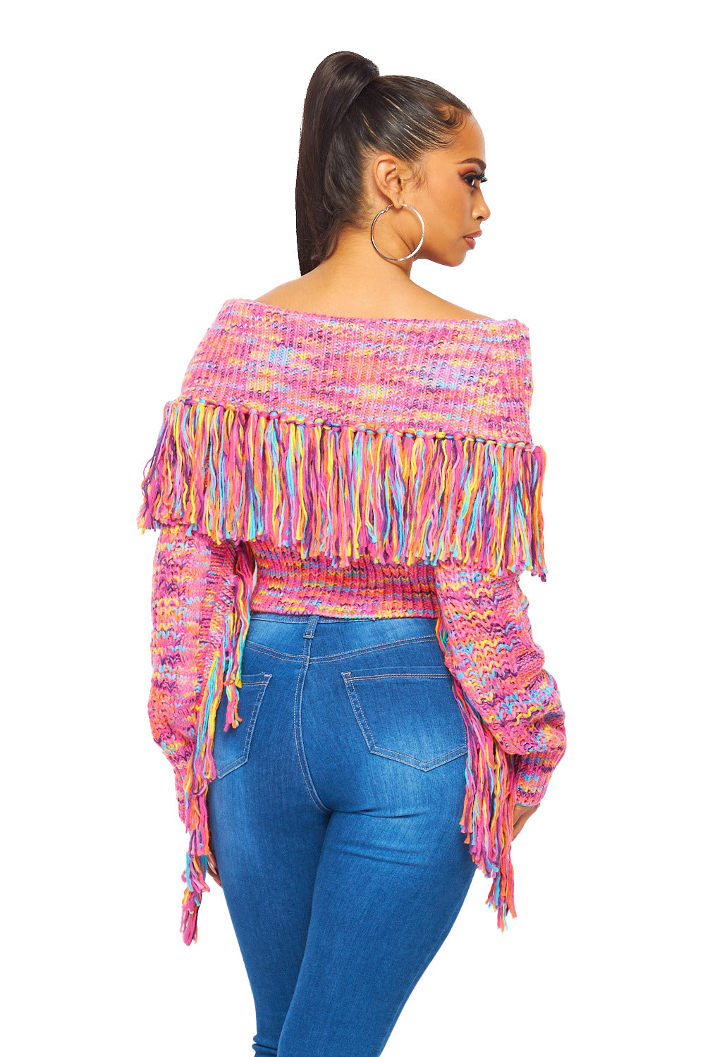 Multi Color Off the Shoulder  Fringe Long Sleeve Sweater