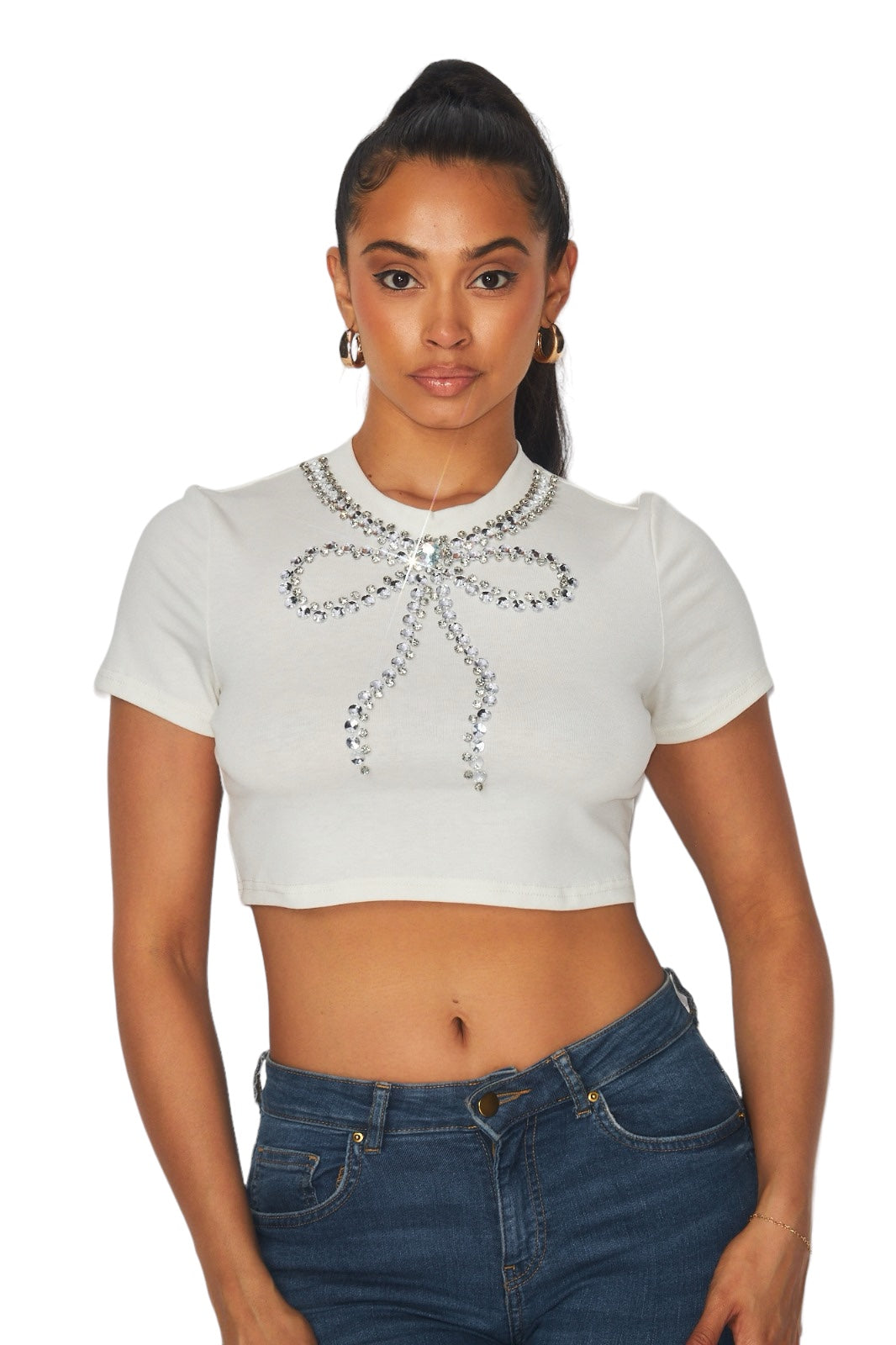 Rhinestone Bow Trim Crop Top