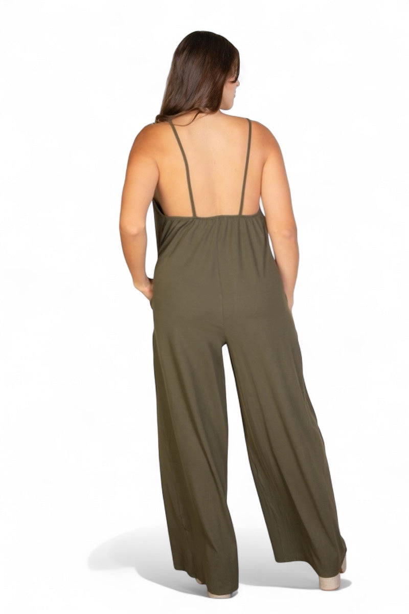 Curvy Spaghetti Strap Solid Wide Jumpsuit  {BP5554X}