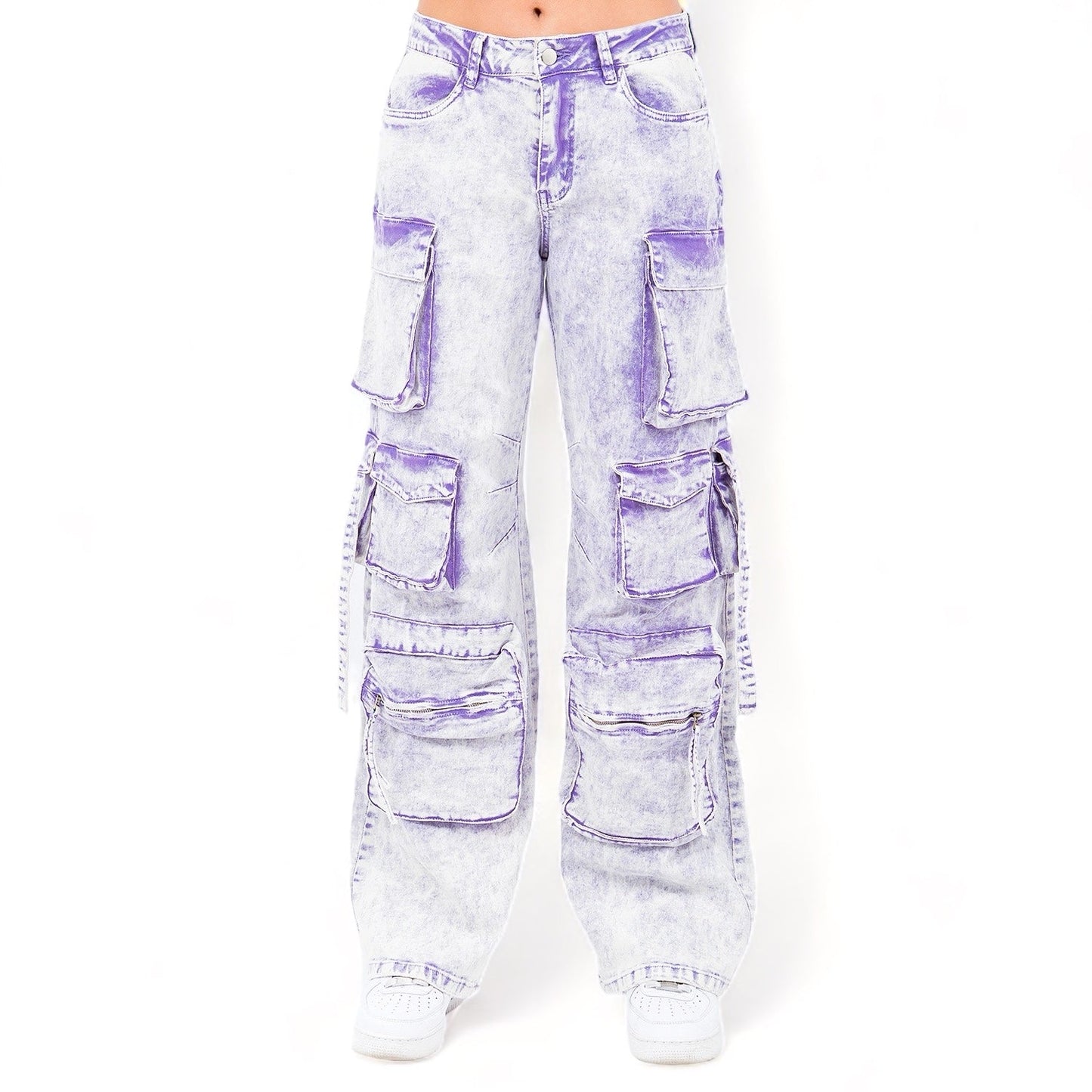 Multiple Pocket Acid Wash Denim Pants- RJH30665