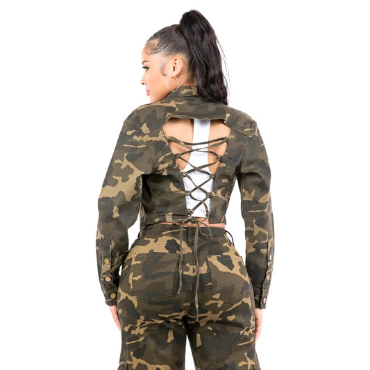 Camo Laced Up Back Cropped Jacket
