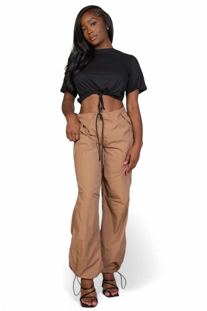 Tie Front Drawstring Short Sleeve Crop Top  {BT5196}