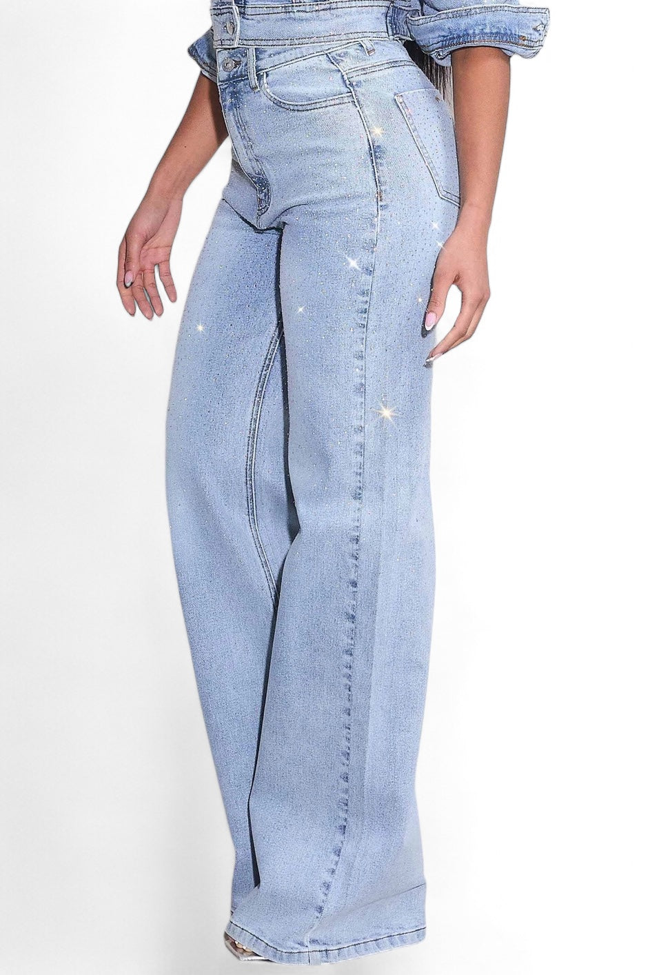 Iridescent High-Rise Rhinestone Wide Leg Jeans
