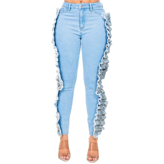 High Waist Sequin Fringed Patch Skinny Jeans