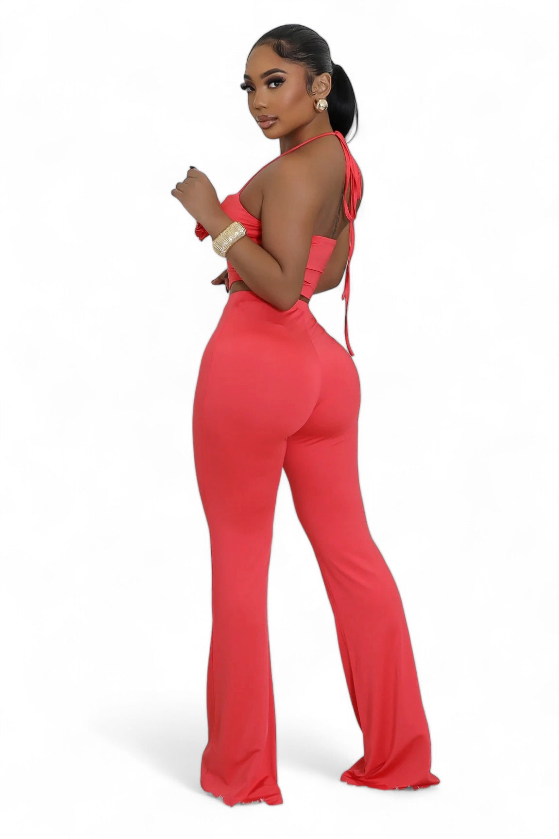 Red Two Piece Rose Top Pants Set