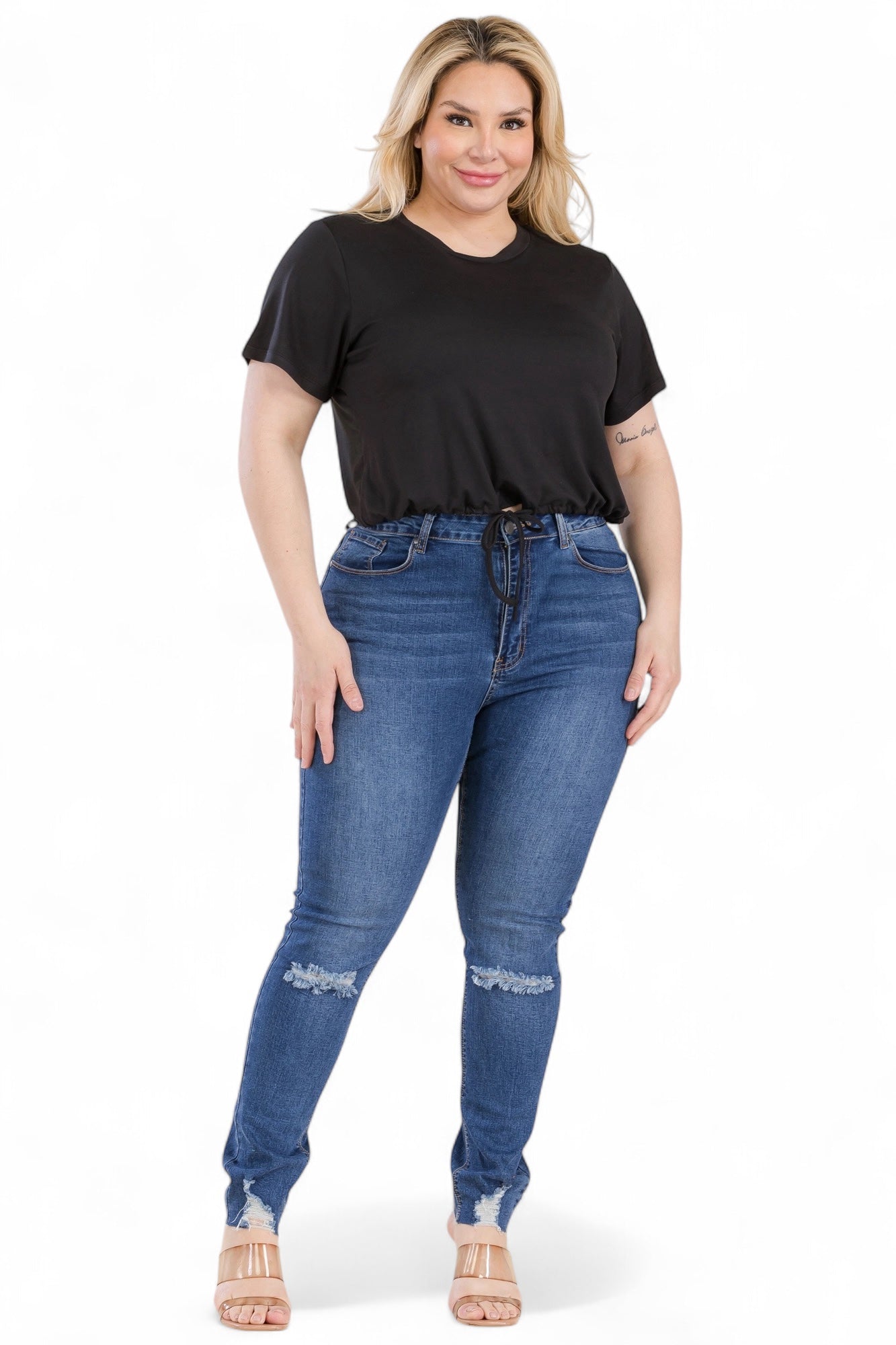 Curvy Tie Front Drawstring Short Sleeve Crop Top {BT5196X}