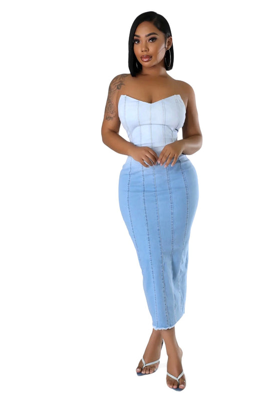 Strapless Denim Jean Midi Dress