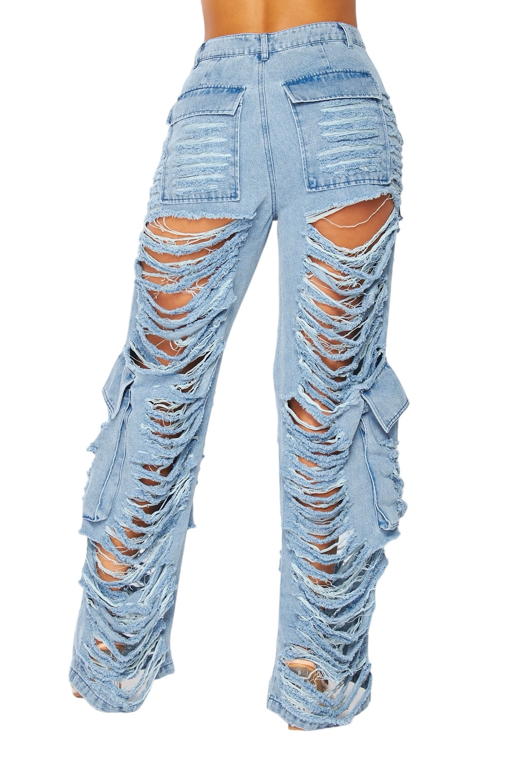 Total Distressed Denim Wide Leg Cargo Pants