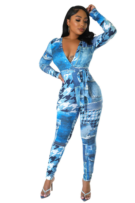 Denim Patch Illusion Jumpsuit