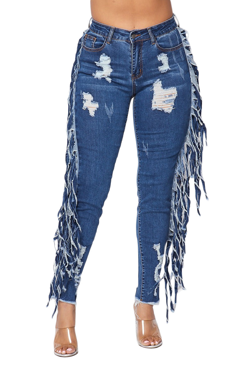 Distressed Fringe Jeans - Denim