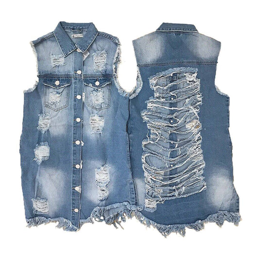 Long Distressed Denim Vest