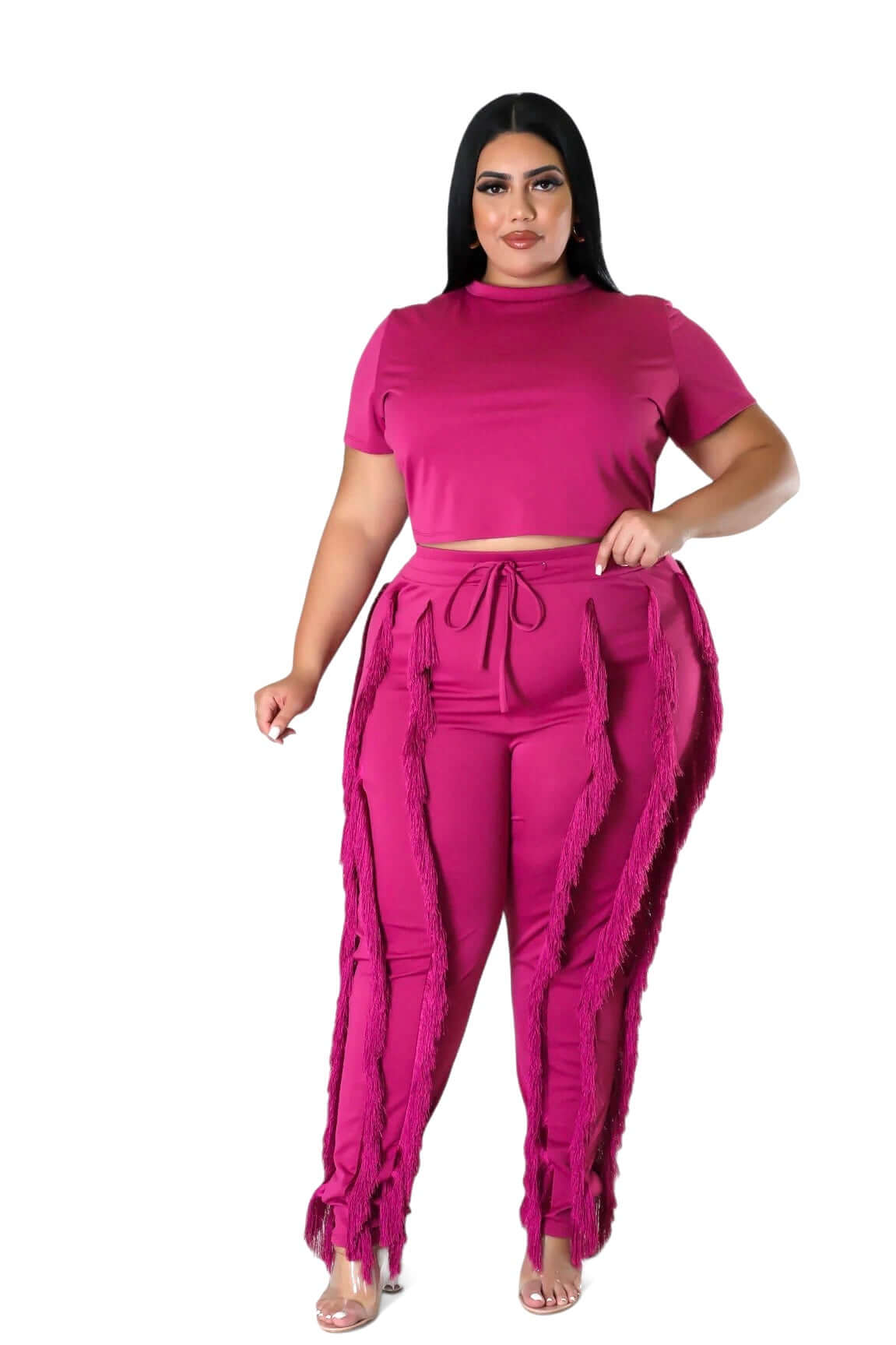 Curvy Short Sleeve Top Matching Tassel Pants