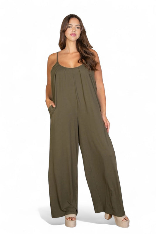 Curvy Spaghetti Strap Solid Wide Jumpsuit  {BP5554X}