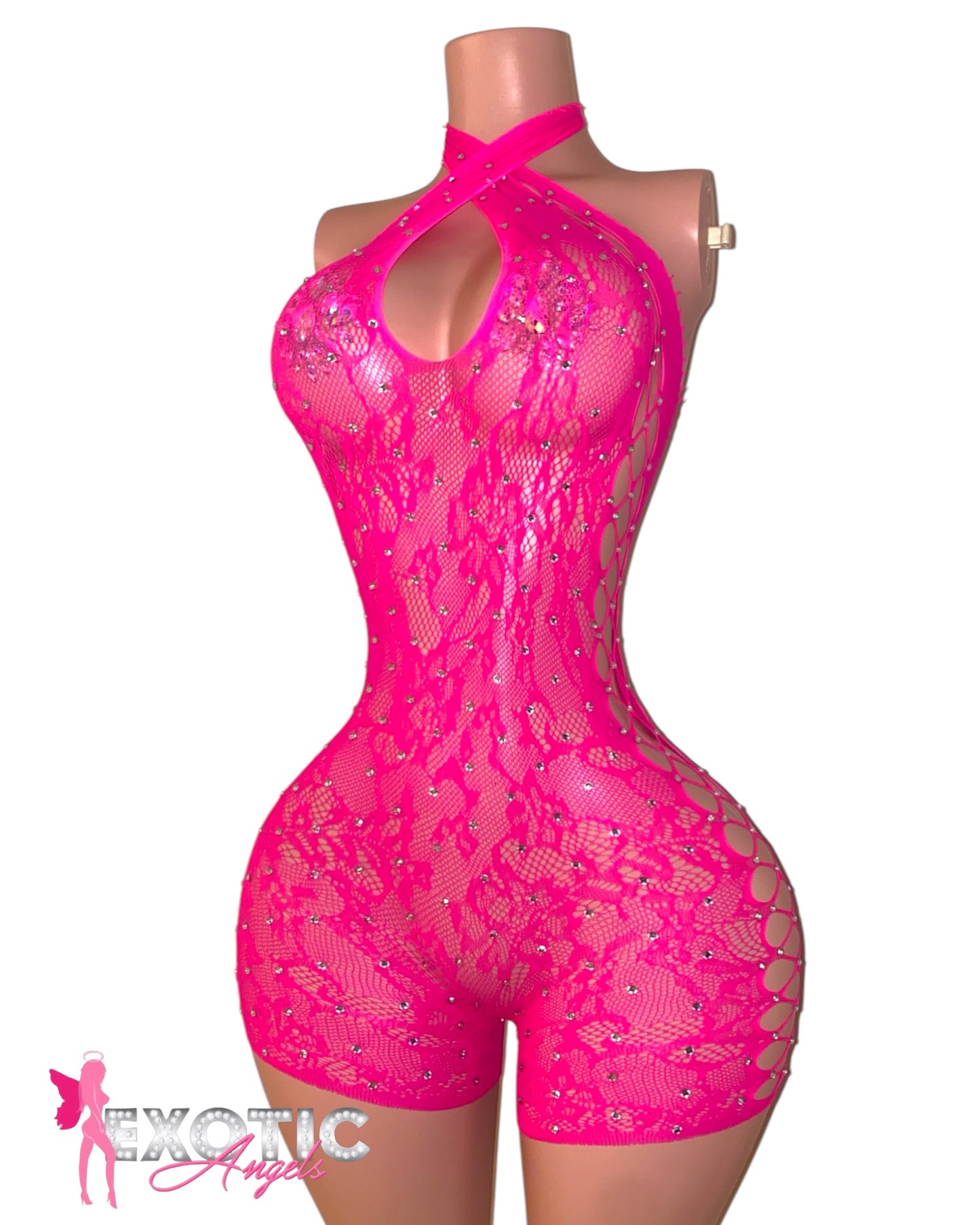 Tia Rhinestone Romper - Neon Pink