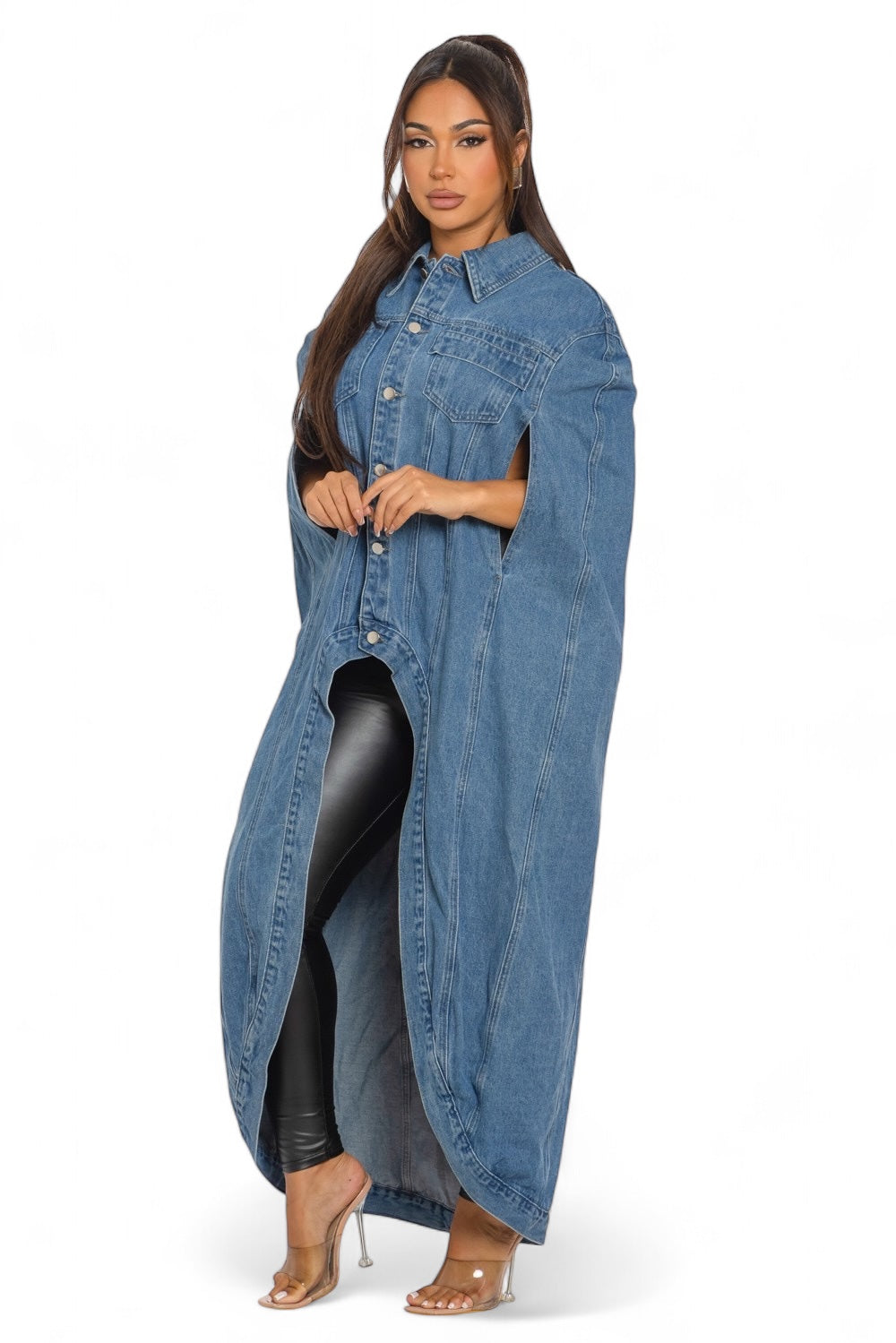 Denim Hi Low Pancho Long Cape Jacket