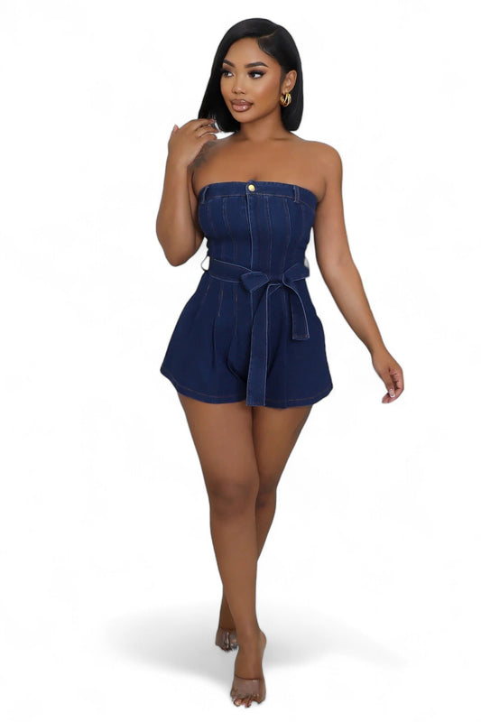 Dark Denim Strapless Romper with Belt