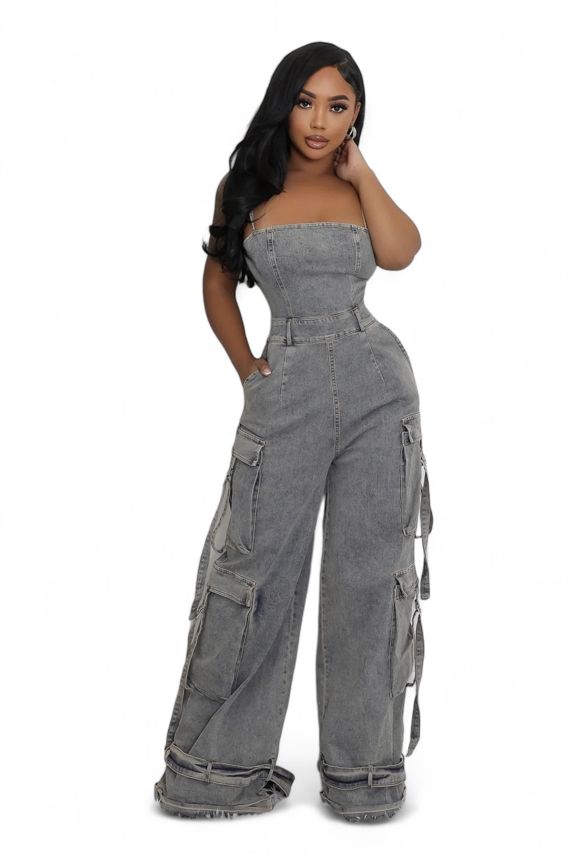 Black Denim Jean Cargo Jumpsuit