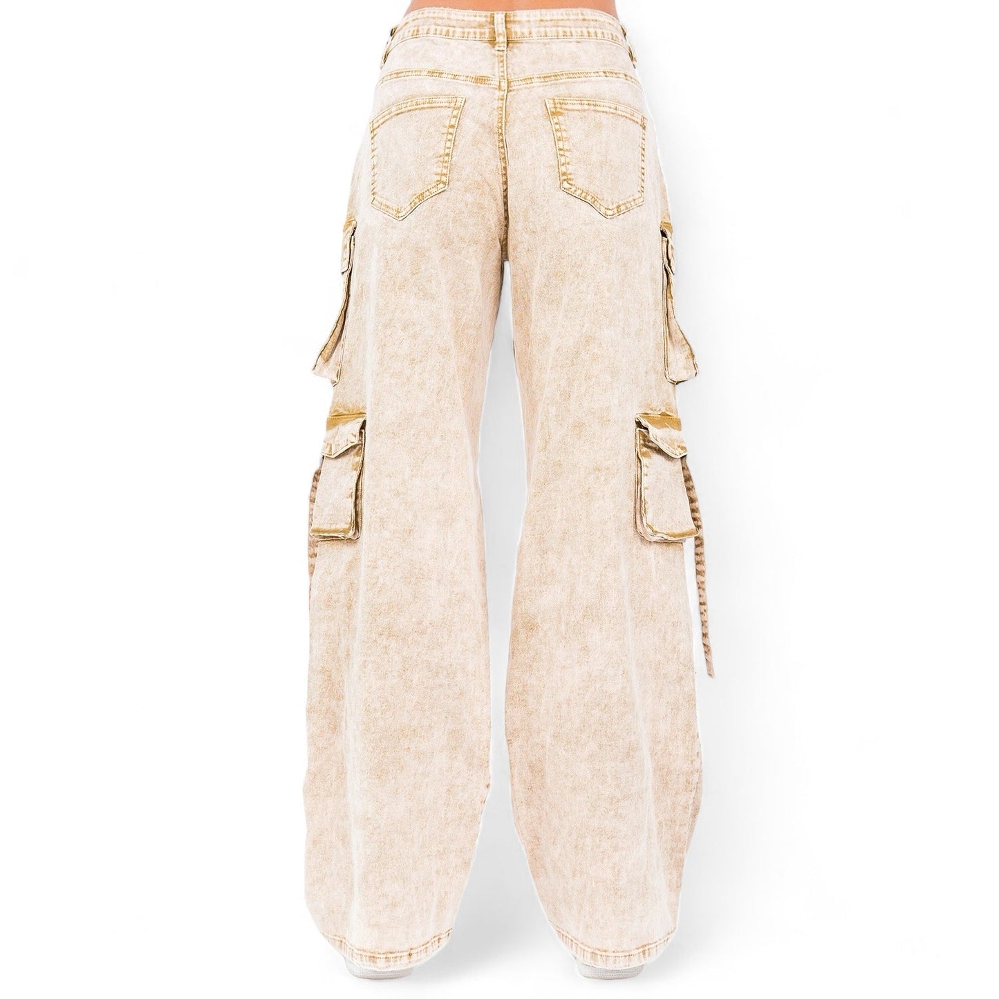 Multiple Pocket Acid Wash Denim Pants- RJH30665