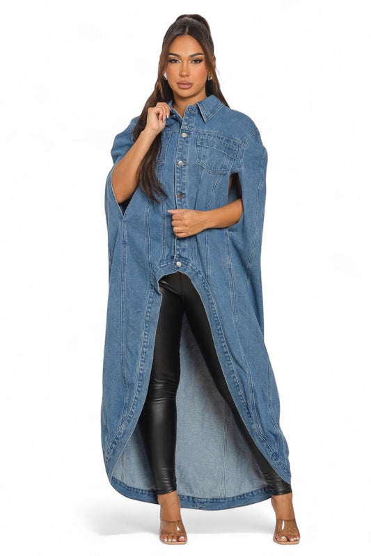 Denim Hi Low Pancho Long Cape Jacket