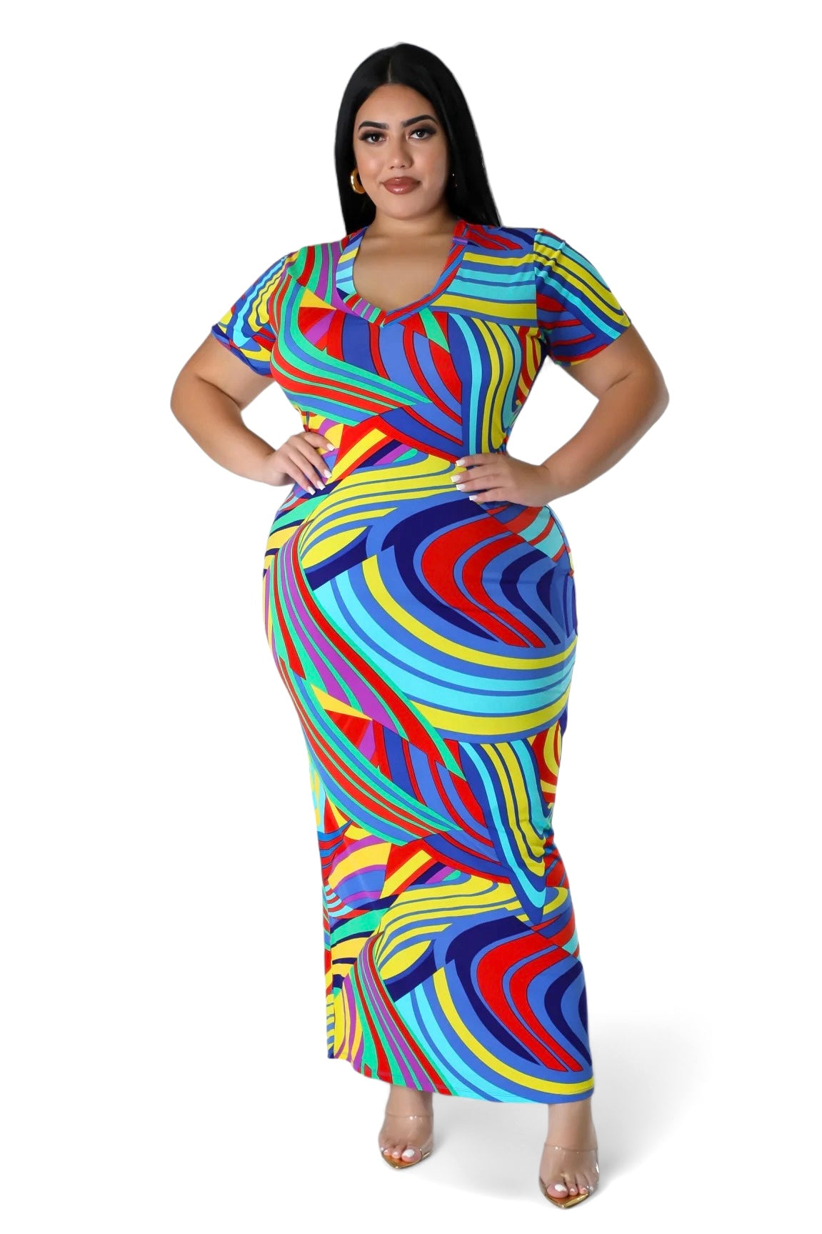 Curvy Multi Color V-NecK Maxi Dress