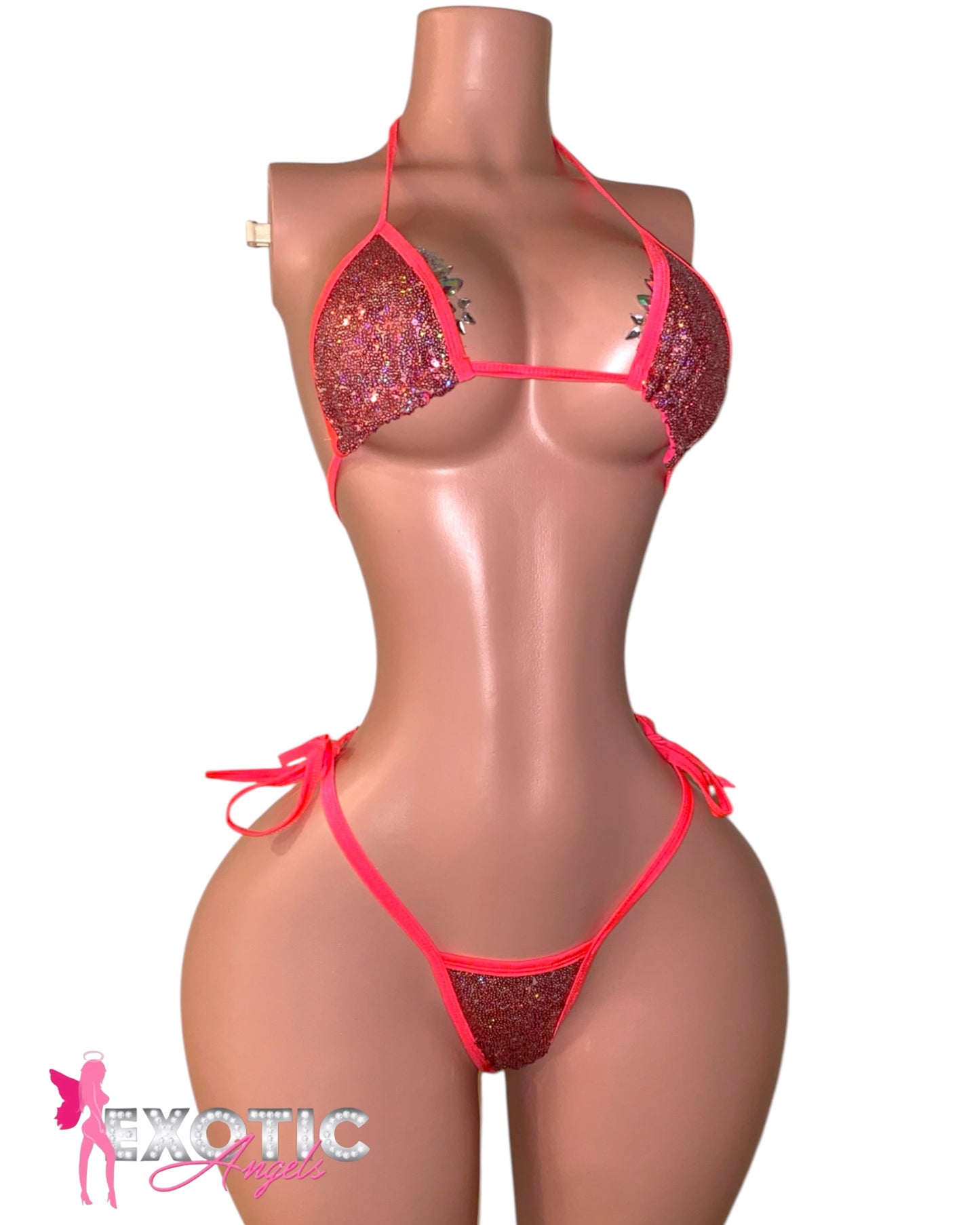 Sequin Tie Side Bikini Set - Coral