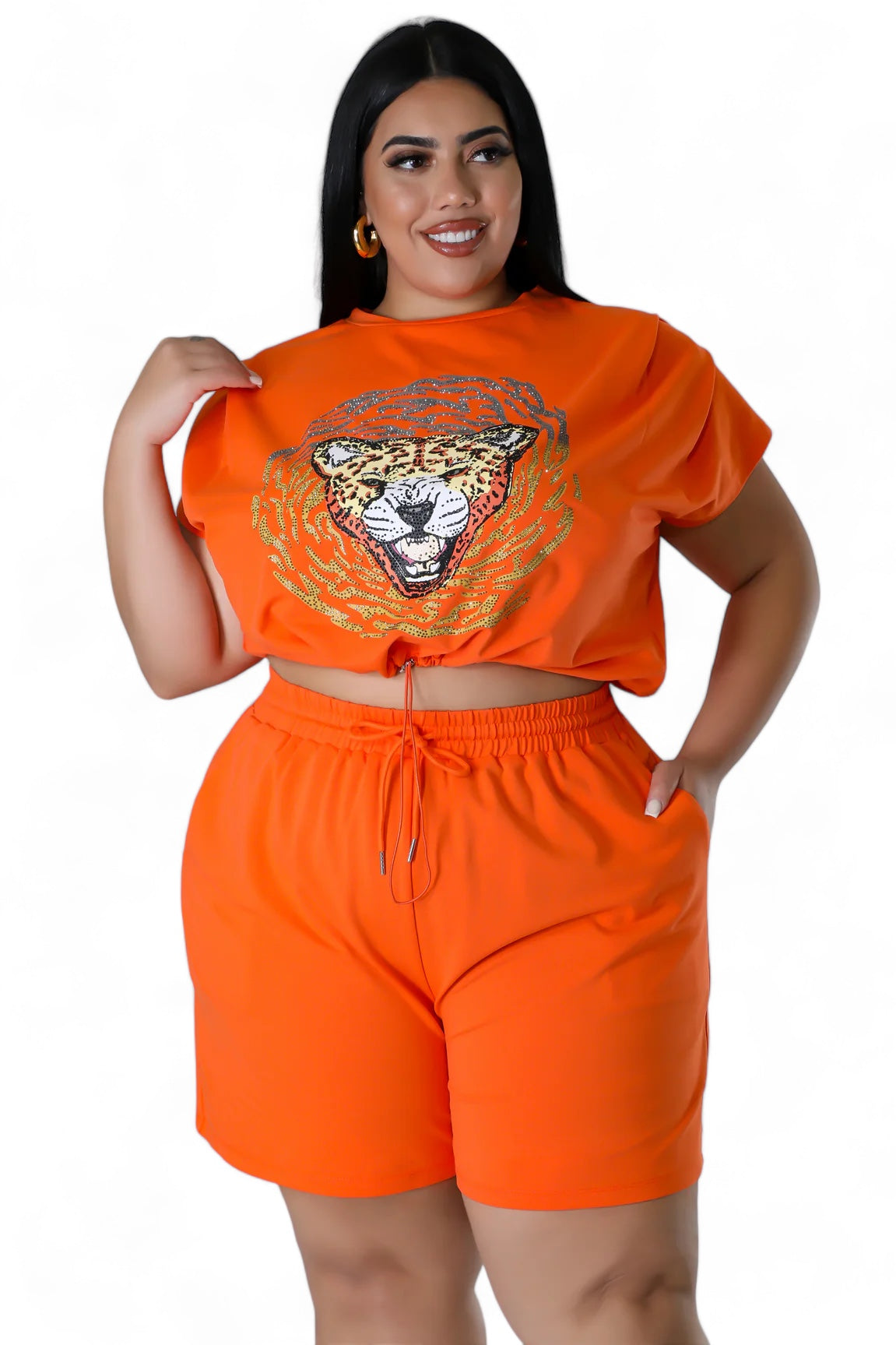 Curvy Two Piece Glitter Tiger Biker Short Set