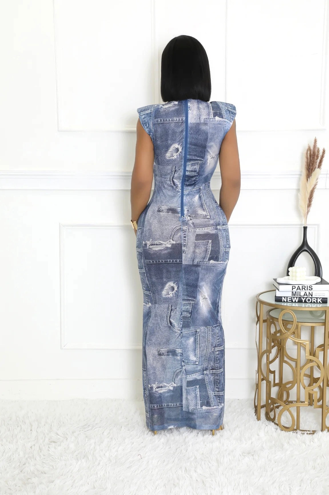 Maxi Denim Illusion  Print Dress {See-Thru}
