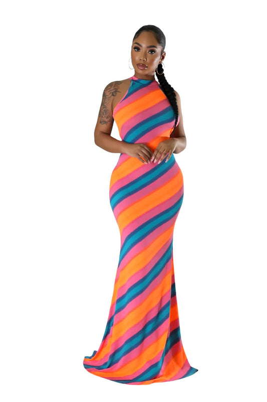 Mock Neck Multicolor Maxi Dress