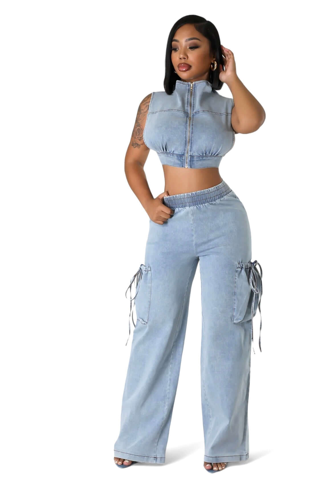 Two Piece Denim Cropped Top & Cargo Jean Pants Set