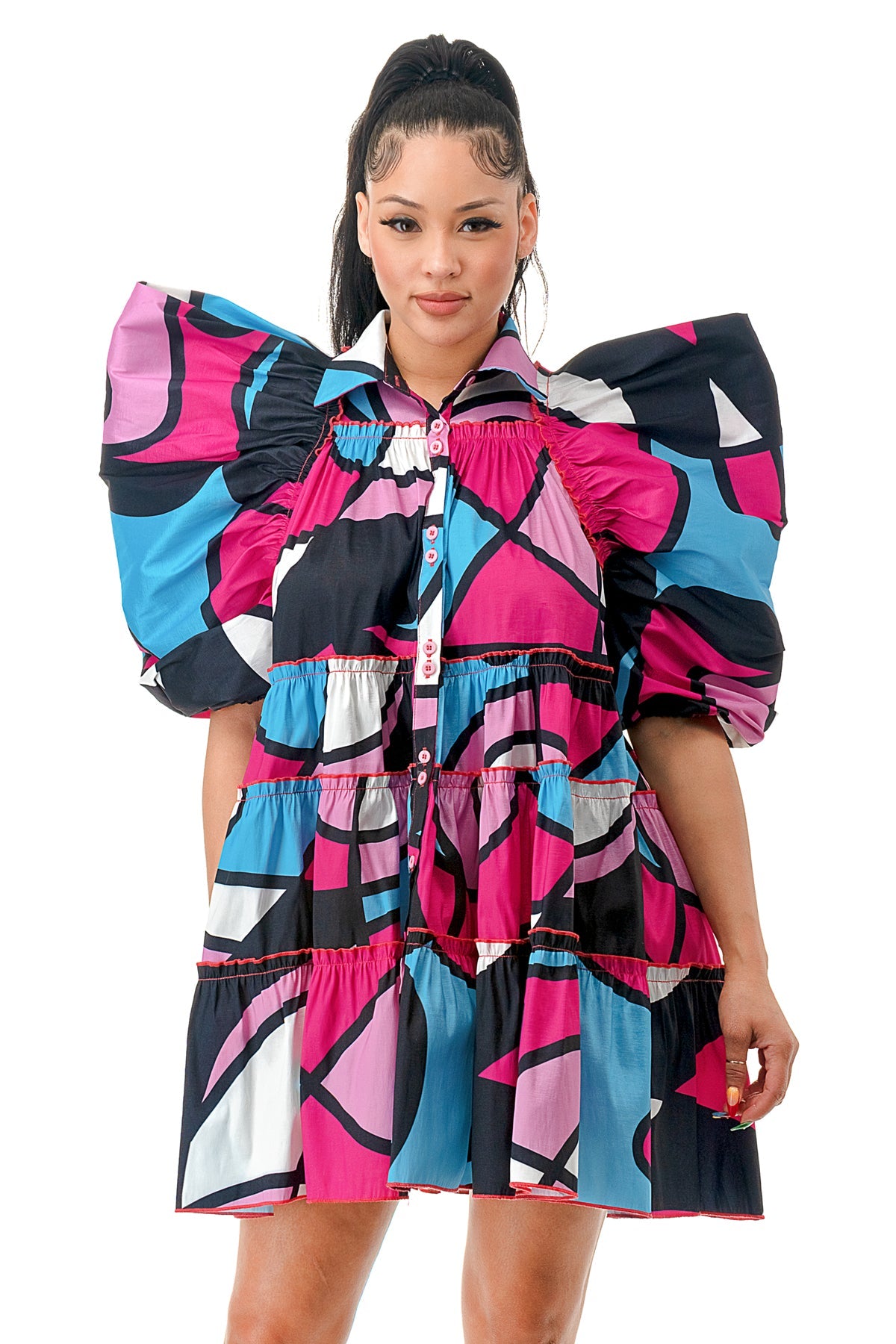 Multi Color Puff Sleeve Baby Doll Dress