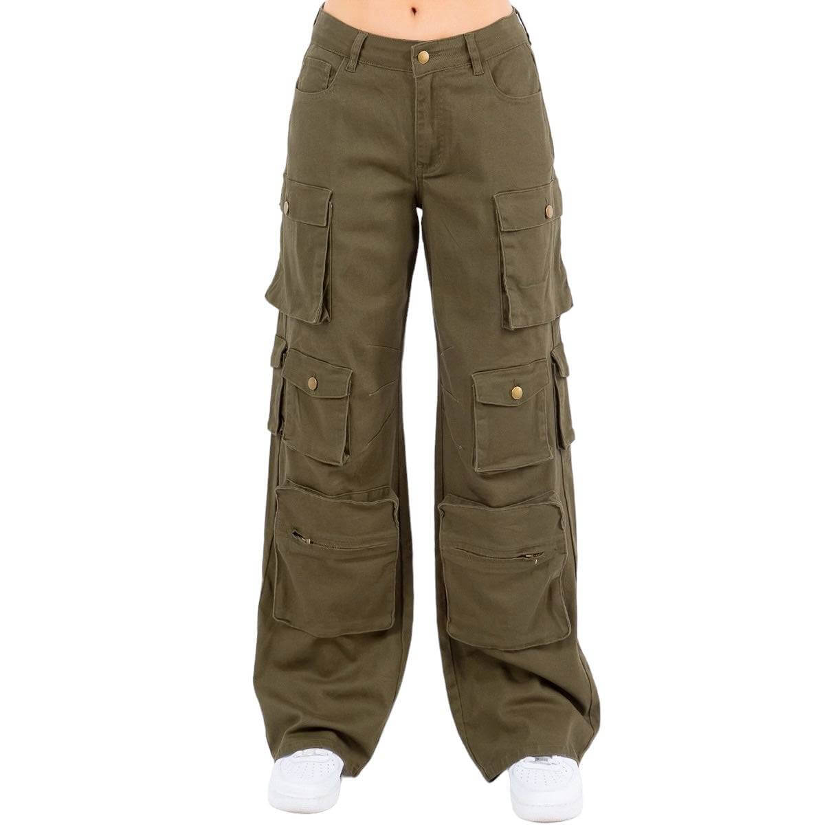 High Waist Wide Leg Pocket Cargo Pants- RJH30589