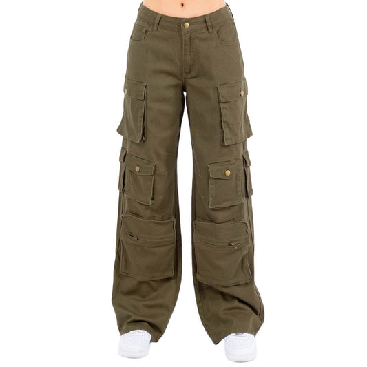 High Waist Wide Leg Pocket Cargo Pants- RJH30589