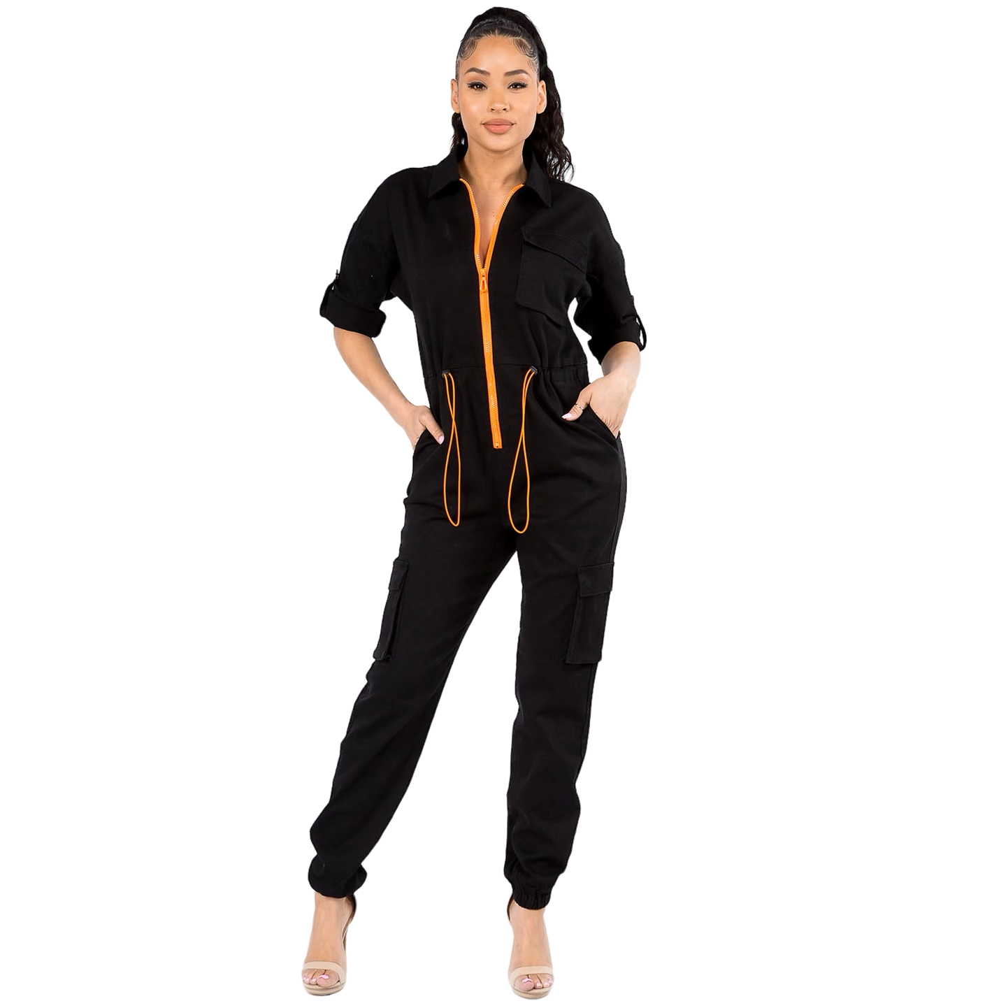 Short Sleeve Cargo Jumpsuit with Orange Zipper