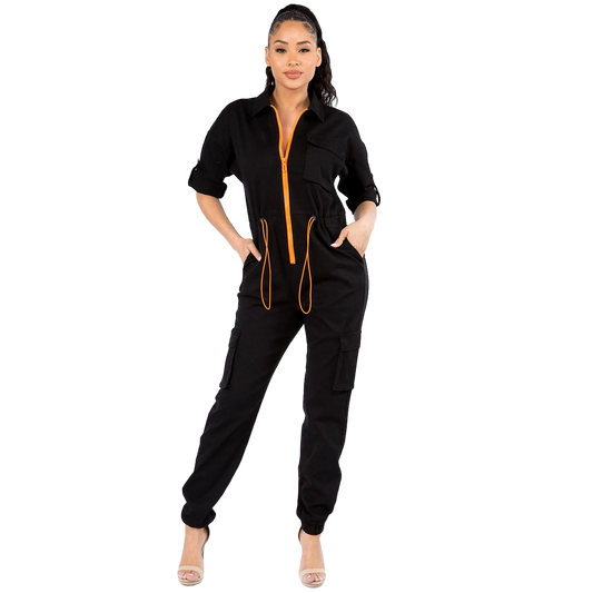 Short Sleeve Cargo Jumpsuit with Orange Zipper