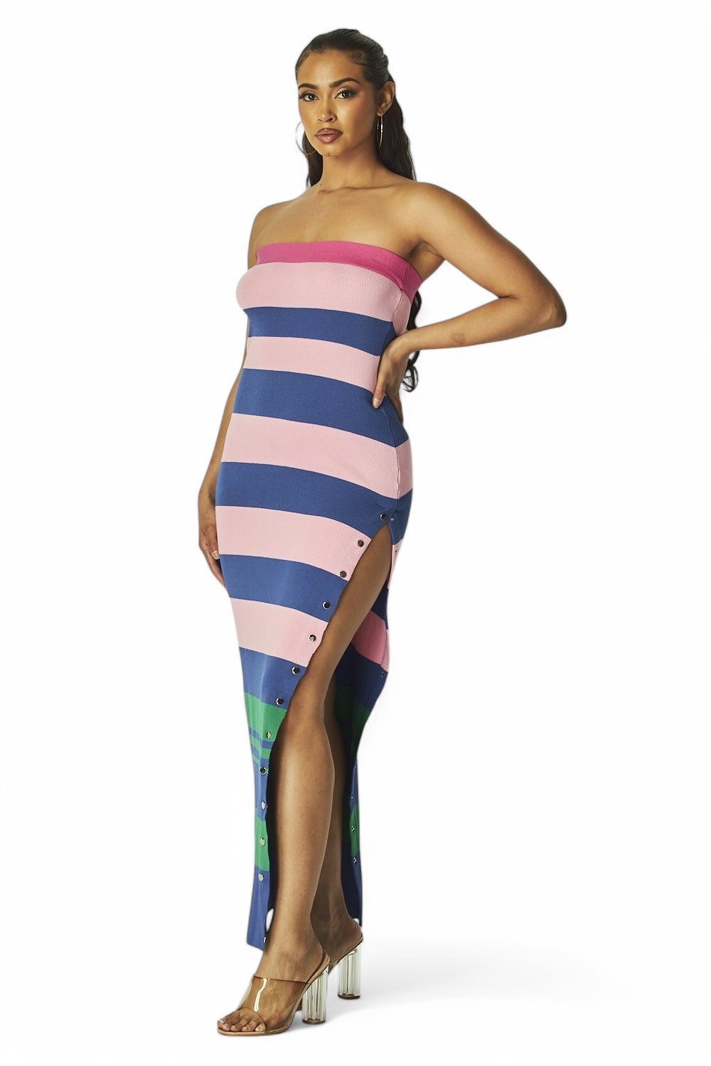 Brandi MultiColor Stripe Strapless Knit Maxi Dress - Pink