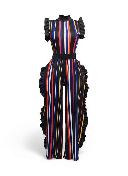 Curvy Color Striped Jumpsuit with Ruffles