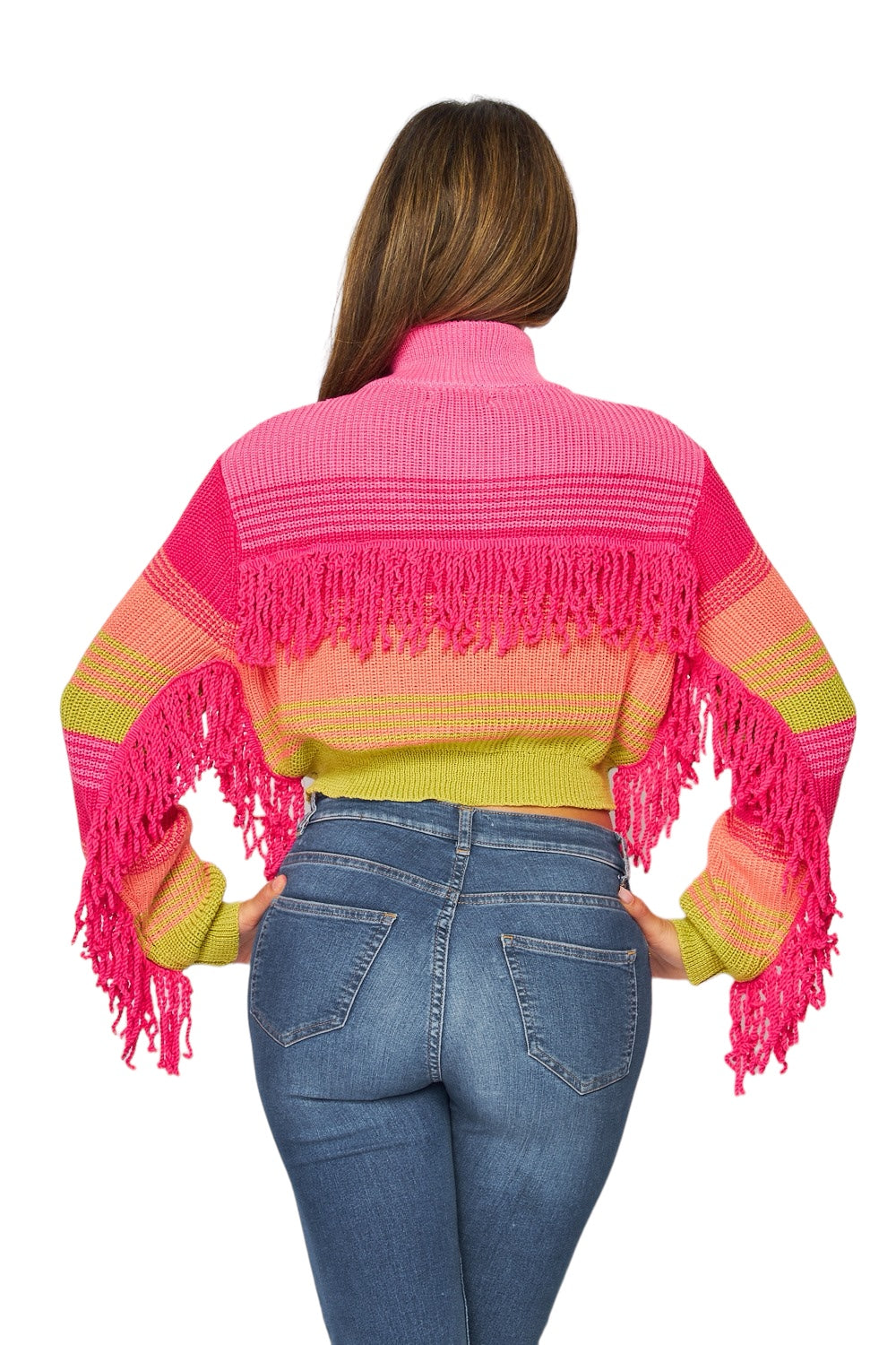 Multi-Color Knit Stripes Mock Neck Zipper Up Cropped Sweater