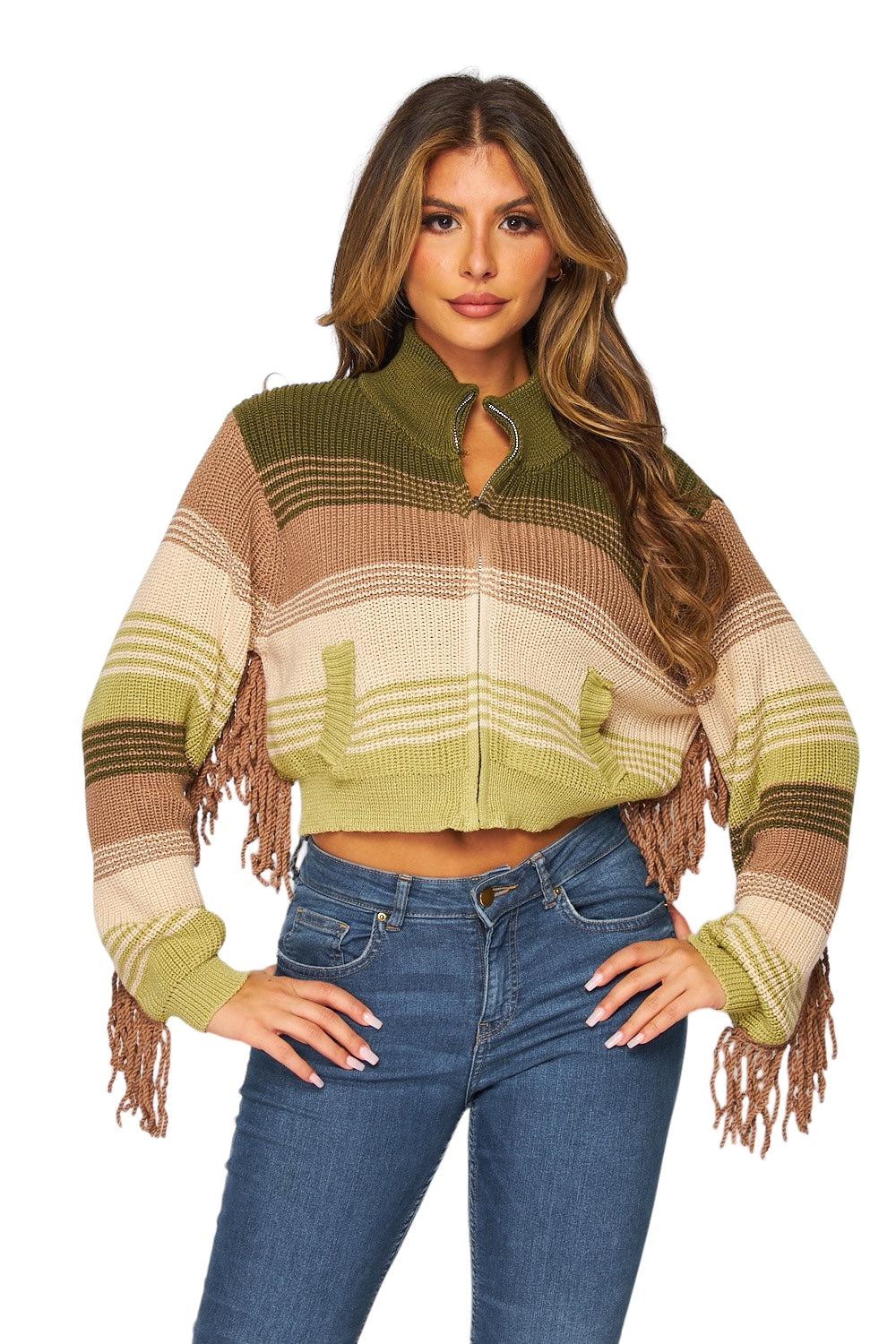 Multi-Color Knit Stripes Mock Neck Zipper Up Cropped Sweater