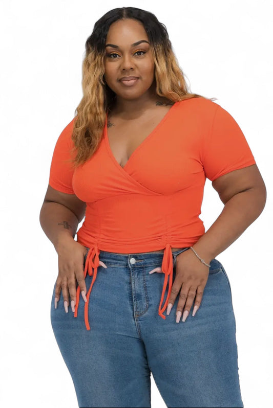 Curvy Ribbed Ruched Drawstring Surplice Top {BT3335X}