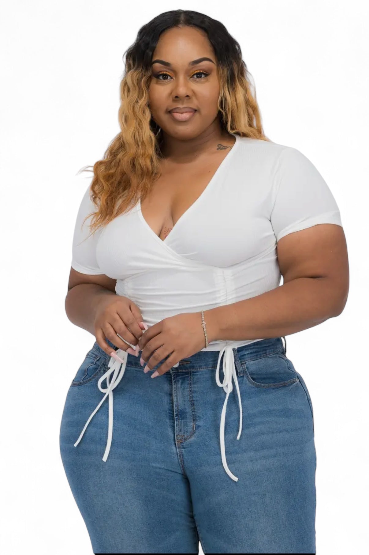 Curvy Ribbed Ruched Drawstring Surplice Top {BT3335X}