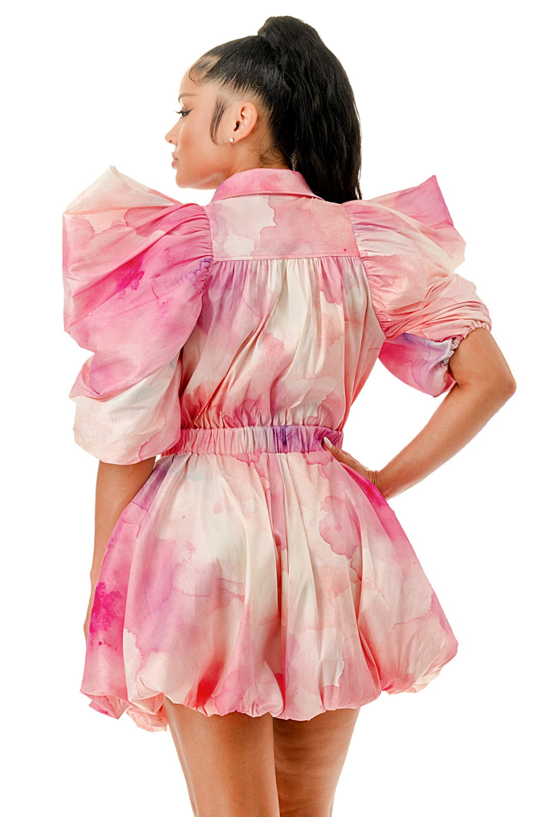 MultiColor Puffy Sleeve Bubble Hem Mini Dress