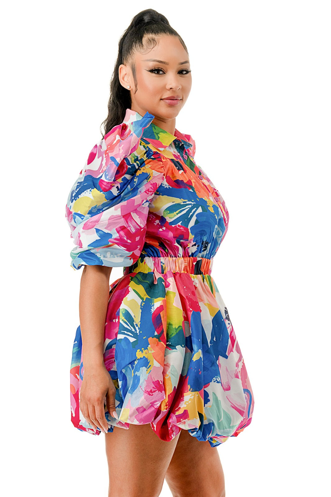 MultiColor Puffy Sleeve Bubble Hem Mini Dress