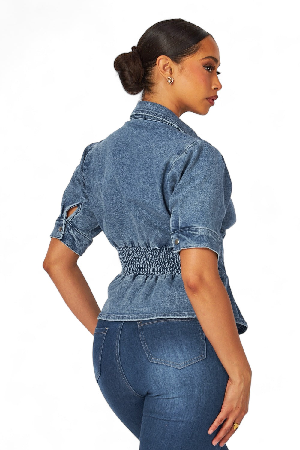 Ingrid Smocked Detail Peplum Denim Top