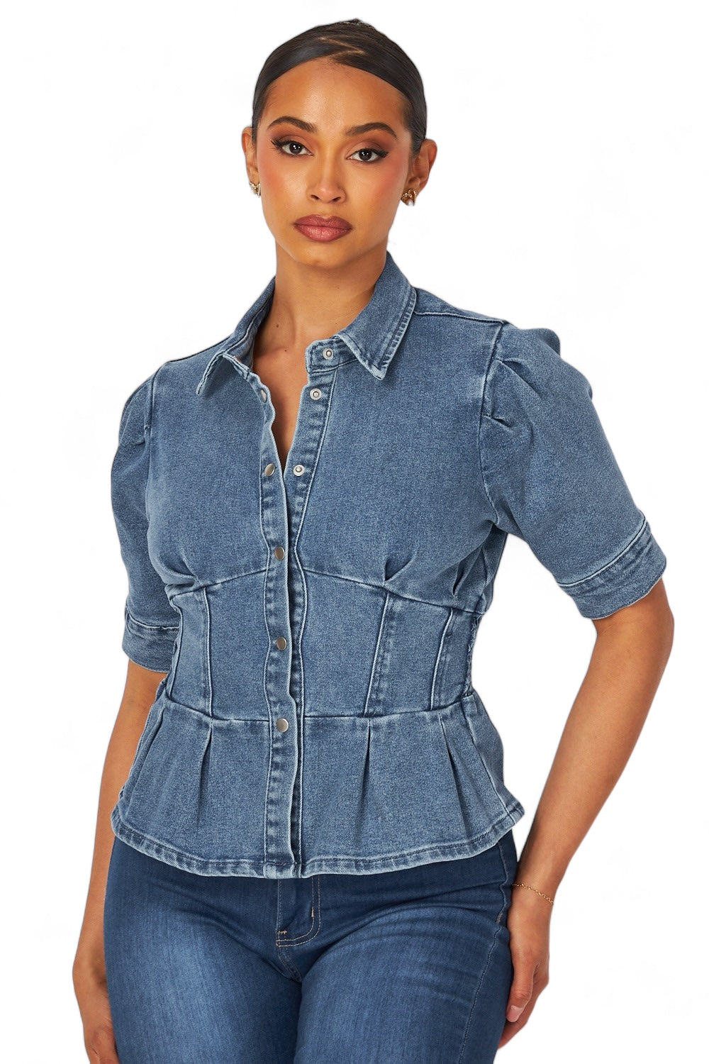 Ingrid Smocked Detail Peplum Denim Top